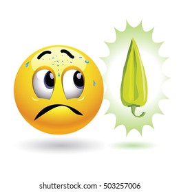 Very hot chili pepper causing pain and fear with smiley who eats it. Humoristic vector illustration. Hot pepper challenge.