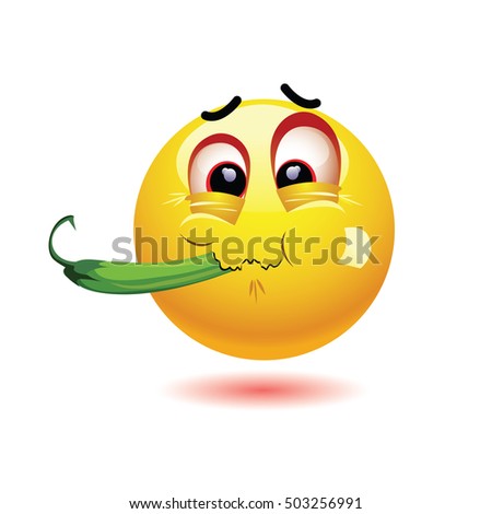 Very hot chili pepper causing pain and fear with smiley who eats it. Humoristic vector illustration. Smileys eating chili. Making funny faces. Shock because of the first bite. 
