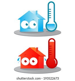 A Very Hot And Cold House. Badly Insulated Buildings In Extreme Temperatures. Vector Illustration