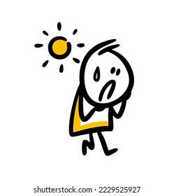 Very hot sunny weather and the man walking under the sun sweating. Vector illustration of summer day.