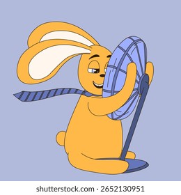 Conceito de tempo muito quente. Ilustração vetorial de coelho engraçado está abraçando um fã. Acalme-se no trabalho. Cartaz perfeito para anúncios de ar condicionado e sistema de ventilador. EPS 10