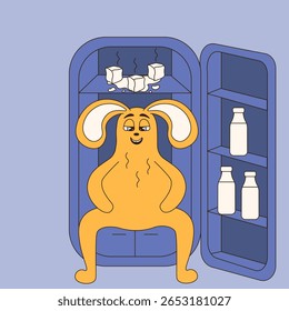 Very hot weather concept. Vector illustration of funny rabbit in fridge. Cool down concept. Perfect fun poster with silly animal for weather forecast. EPS 10