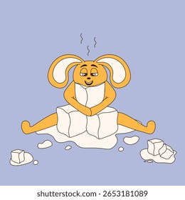 Very hot weather concept. Vector illustration of cute rabbit hugging a ice cube. Cool down concept. Perfect fun poster with silly animal for abnormal hot weather. EPS 10