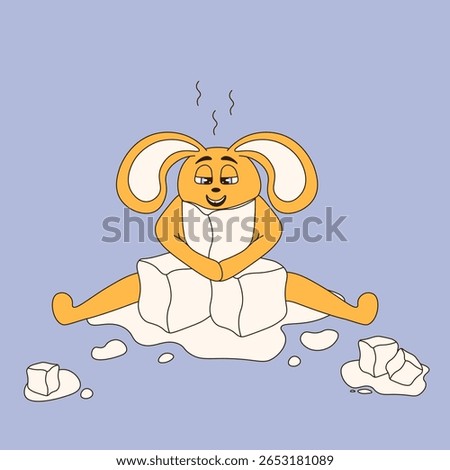 Very hot weather concept. Vector illustration of cute rabbit hugging a ice cube. Cool down concept. Perfect fun poster with silly animal for abnormal hot weather. EPS 10