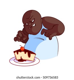 Very hungry and evil fat African American man with cheesecake. Vector illustration on a white background.