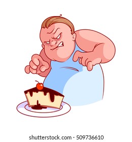 Very hungry and evil fat man with cheesecake. Vector illustration on a white background.