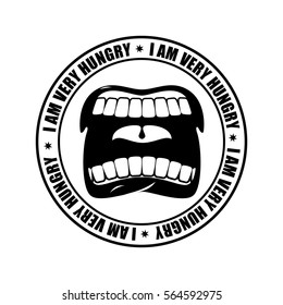 I am very hungry logo. Open mouth and teeth. Emblem for restaurant and cafe. Hunger is sign
