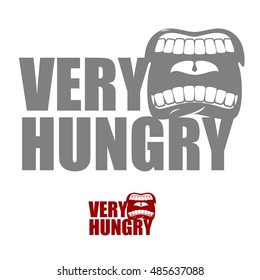 Very hungry. Open mouth with his lips. Logo for empty. Man chewing food
