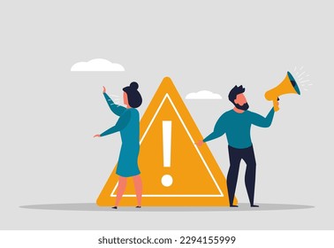 A very important announcement, a man with a megaphone and a screaming woman announce the news. Information or breaking news. Business people with an exclamation point. Vector illustration