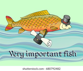 Very important fish with document in bag and in hat on head. Fun picture. 