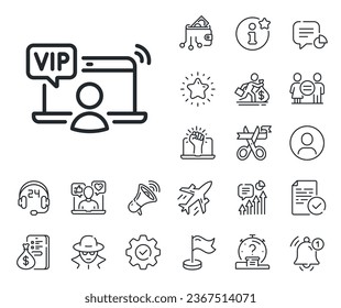 Very important person access sign. Salaryman, gender equality and alert bell outline icons. Vip line icon. Member privilege symbol. Vip access line sign. Spy or profile placeholder icon. Vector