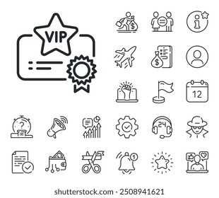Firma de documento de persona muy importante. Salaryman, la igualdad de género y los iconos de la campana de alerta. Icono de línea de certificado VIP. Símbolo de privilegio del club miembro. Signo de línea de certificado VIP. Vector