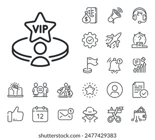 Very important person service sign. Salaryman, gender equality and alert bell outline icons. Vip casino table line icon. Member club privilege symbol. Vip table line sign. Vector