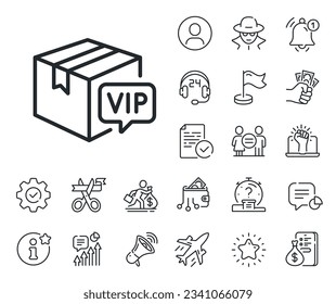 Very important person sign. Salaryman, gender equality and alert bell outline icons. Vip parcel line icon. Member club delivery symbol. Vip parcel line sign. Spy or profile placeholder icon. Vector