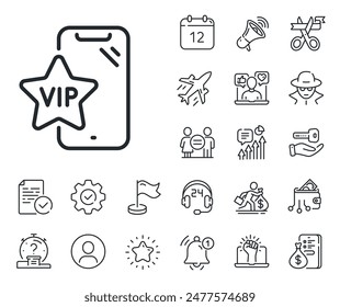 Very important person smartphone sign. Salaryman, gender equality and alert bell outline icons. Vip phone line icon. Exclusive privilege symbol. Vip phone line sign. Vector