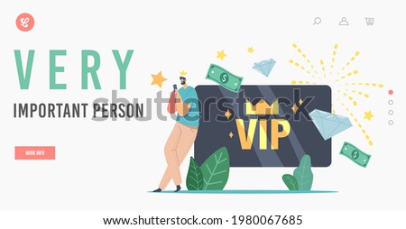 Very Important Persons Landing Page Template. Male Character in Gold Crown Use Gold Plastic Bank Card for Getting Privileged Services. Rich Man Membership in Luxury Club. Cartoon Vector Illustration