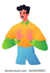 A very indignant man moves away with both hands from the object that causes him to feel negative and make a NO gesture. The concept of expressing emotions, defending personal boundaries, body language