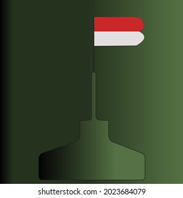 A very interesting vector of the red and white flag flying on a pole with an army green cement foundation, in commemoration of the independence day of the republic Indonesia (independence day concept)