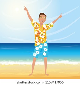 Very joyful man in Hawaiian shirt and shorts on the beach