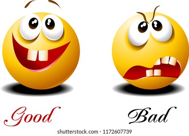 Very kind and very evil face. Funny emoticons. Vector
