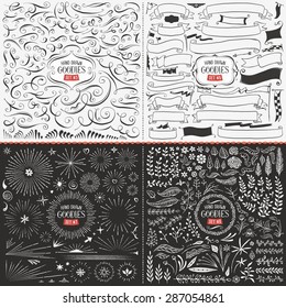 Very large collection of hand drawn vector design elements such as swirls, ribbons, flags, bursts, flowers and leaves.