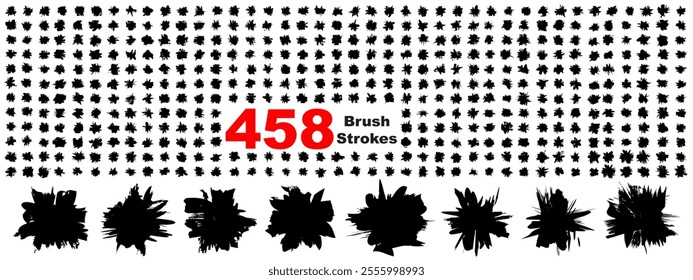 Very large collection or set of 458 artistic black paint hand made creative brush strokes isolated on white background, metaphor to art, grunge or grungy, graffiti, education abstract vector design