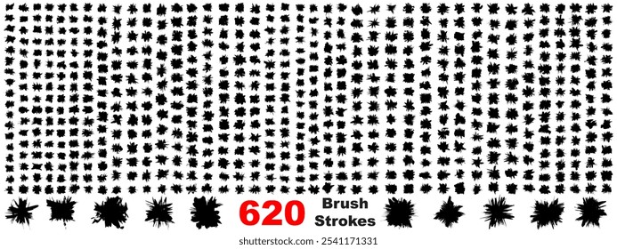 Coleção muito grande ou conjunto de 620 mão de tinta preta artística feita pincel criativa traços isolados no fundo branco, metáfora para a arte, grunge ou grungy, grafite, educação abstrata design vetorial