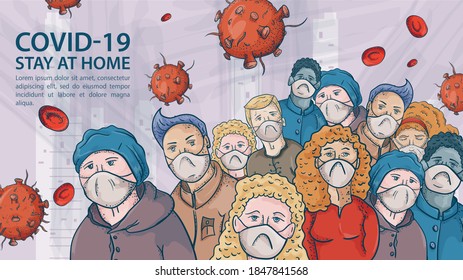 a very large crowd of people in medical masks, among the molecules OF covind coronavirus, and the red virus 2019-nCoV, the Inscription warning contour illustration