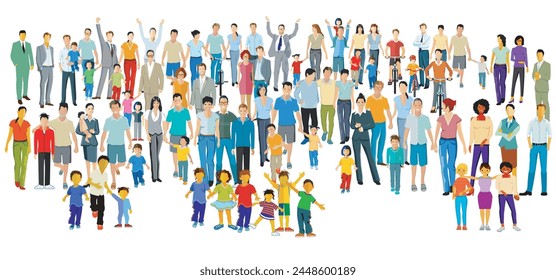 A very large group of parents with children, isolated illustration