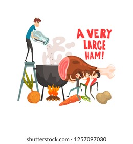 A very large ham, little men cooking huge piece of ham, design element for banner, poster, greeting card vector Illustration