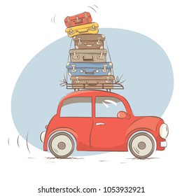 Very large luggage / Red retro car with a bunch of suitcases on the trunk, vector illustration