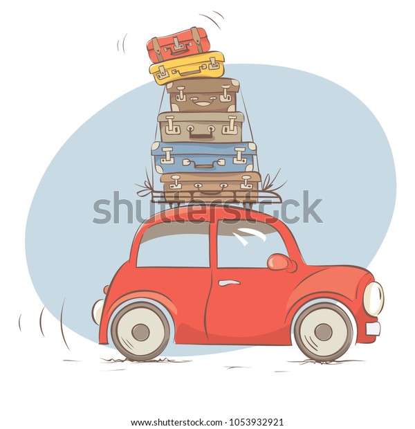 Very large luggage / Red retro\
car with a bunch of suitcases on the trunk, vector\
illustration