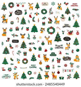 A very large set of icons for Christmas and New Year holidays. Flat style collection. Vector illustration of Christmas elements.