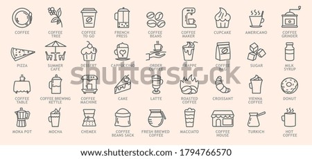 Very large set of line drawn coffee icons with explanatory text below showing food, restaurant tables and assorted coffees over an off white background, vector illustration