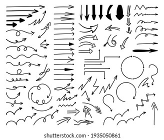 a very Large Set of Various black hand-drawn Arrows, doodle art, line art. Arrow options: Straight, Twisting, Ascending, Step, Circular, Thick, Thin, Long, Angular, Zigzag arrows