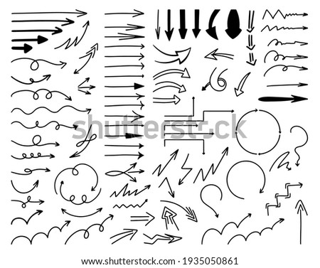 a very Large Set of Various black hand-drawn Arrows, doodle art, line art. Arrow options: Straight, Twisting, Ascending, Step, Circular, Thick, Thin, Long, Angular, Zigzag arrows