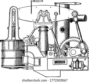 Very large ship engine of 18th century, vintage line drawing or engraving illustration.