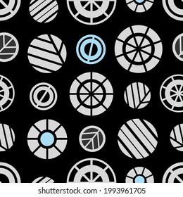 Very light gray circles with striped elements and blue shapes on a black background. Seamless geometry abstract pattern. Suitable for textile, wallpaper, packaging.