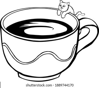 Very little cute cat that climbed on top of a pink coffee cup(or cat ordinary size that climbed on top of a very big cup). Black and white vector illustration.