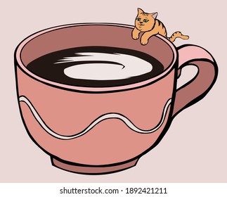 Very little cute cat that climbed on top of a pink coffee cup(or  cat ordinary size that climbed on top of a very big cup) 