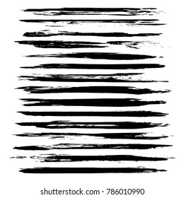 Very long abstract thin black hand-drawn brush strokes isolated on a white background