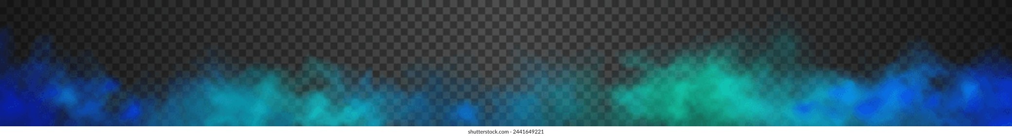 Very long blue, teal and turquoise gradient futuristic colorful smoke cloud. Vector realistic magic color vibrant haze isolated on the semi transparent dark background. 