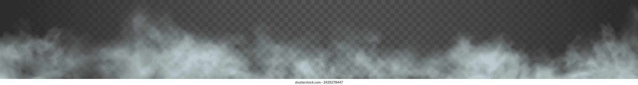 Very long cloud of smoke isolated on dark transparent background. Panorama of white realistic haze or fog. Vector illustration.