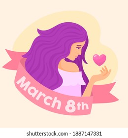 Very long hair woman with heart in hand on women's day