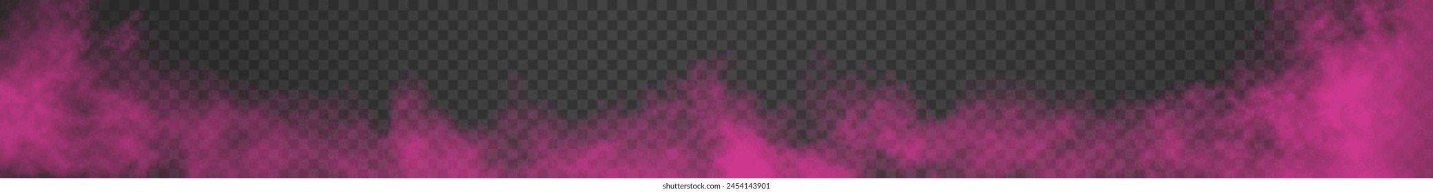 Very long light pink or magenta color cloudiness or haze isolated on transparent background. Panorama of rose realistic haze or fog. Vector illustration.