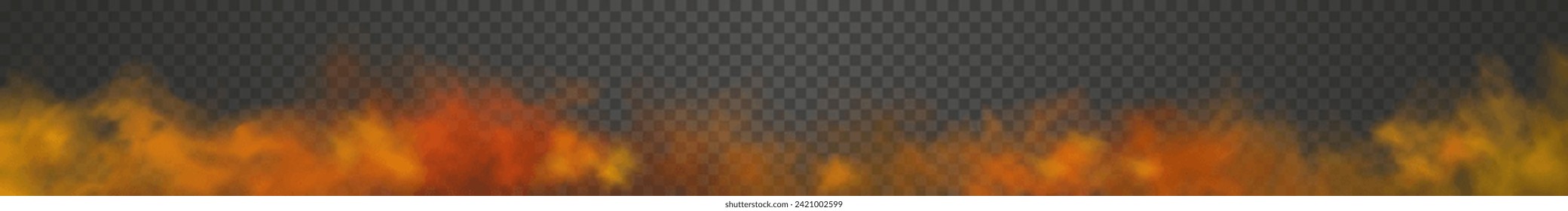 Very long red, scarlet and orange gradient futuristic colorful smoke cloud. Vector realistic magic color vibrant haze isolated on the semi transparent dark background. 