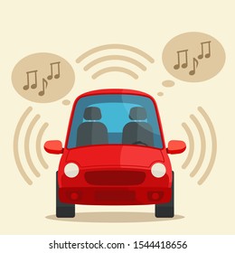 Very Loud Music Sounds From The Car. Sounds Disturb People. Vector Illustration, Flat Design Cartoon Style. Isolated Background.