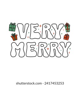 Very Merry cartoon retro lettering phrase on decorated background. Vintage vector winter illustration with text decor for card or banner. Positive nice holiday season quote for poster or advertising