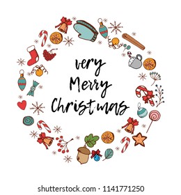 Very Merry Christmas card with festive items. Holiday frame. Greeting card for New Year and Christmas.Christmas hat, acorns, socks, candy canes, snowflakes, mistletoe and ginger cookies.