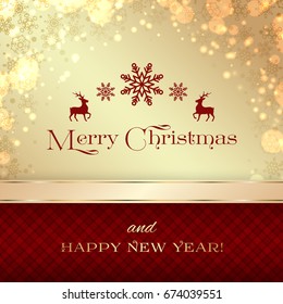 A Very Merry Christmas card in gold color, shining bokeh and sparkles